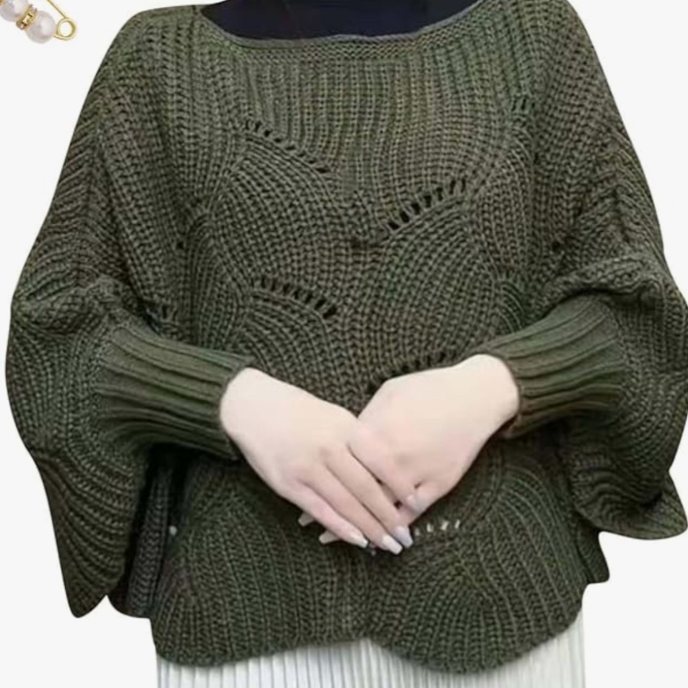 Shein Women’s Batwing Hollow Knit Pullover Shawl Sweater in Military Green Sz S